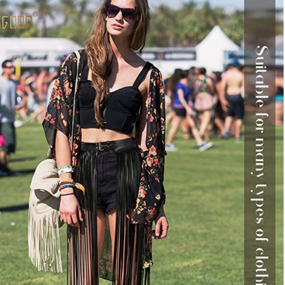 Wide Tassel Waist Belt for Women Fringe Black PU Leather Gypsy Style Belt for La